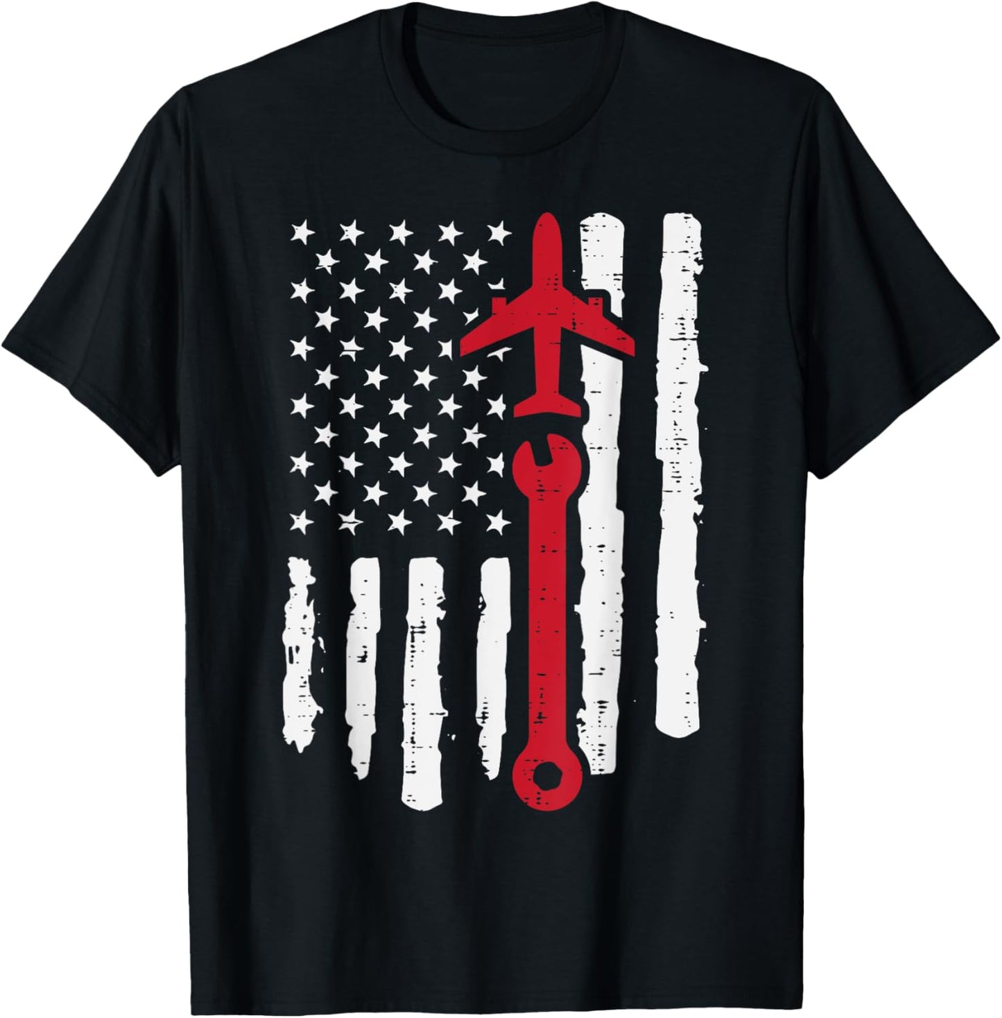 US Flag Airplane Wrench Aircraft Mechanic Patriot Men Women T-Shirt - T-Shirt | Black