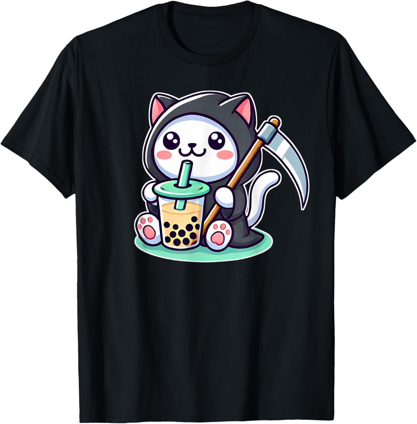 Japan Bubble Tea Boba Tea Kawaii Anime Neko Grim Reaper Cat Men Women T-Shirt - T-Shirt | Black