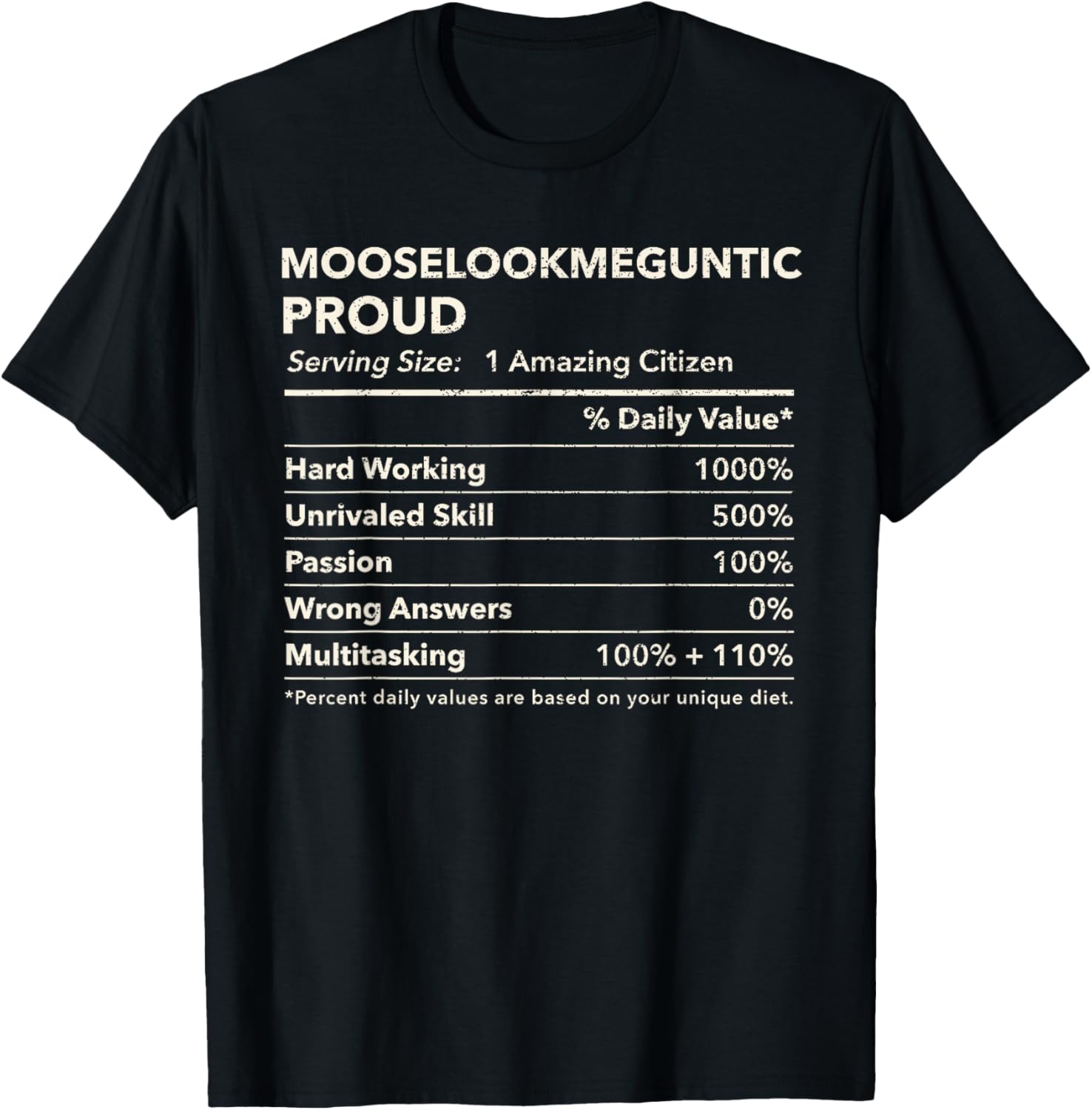 Mooselookmeguntic, Maine Proud Nutrition Facts T-Shirt - T-Shirt | Black