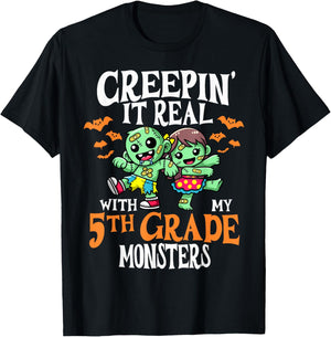 Creepin It Real Monster School 5th Grade Teacher Halloween T-Shirt - T-Shirt | Black
