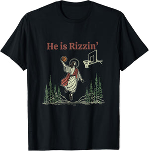 He is Rizzin Funny Easter Jesus Playing Basketball Christian T-Shirt - T-Shirt | Black