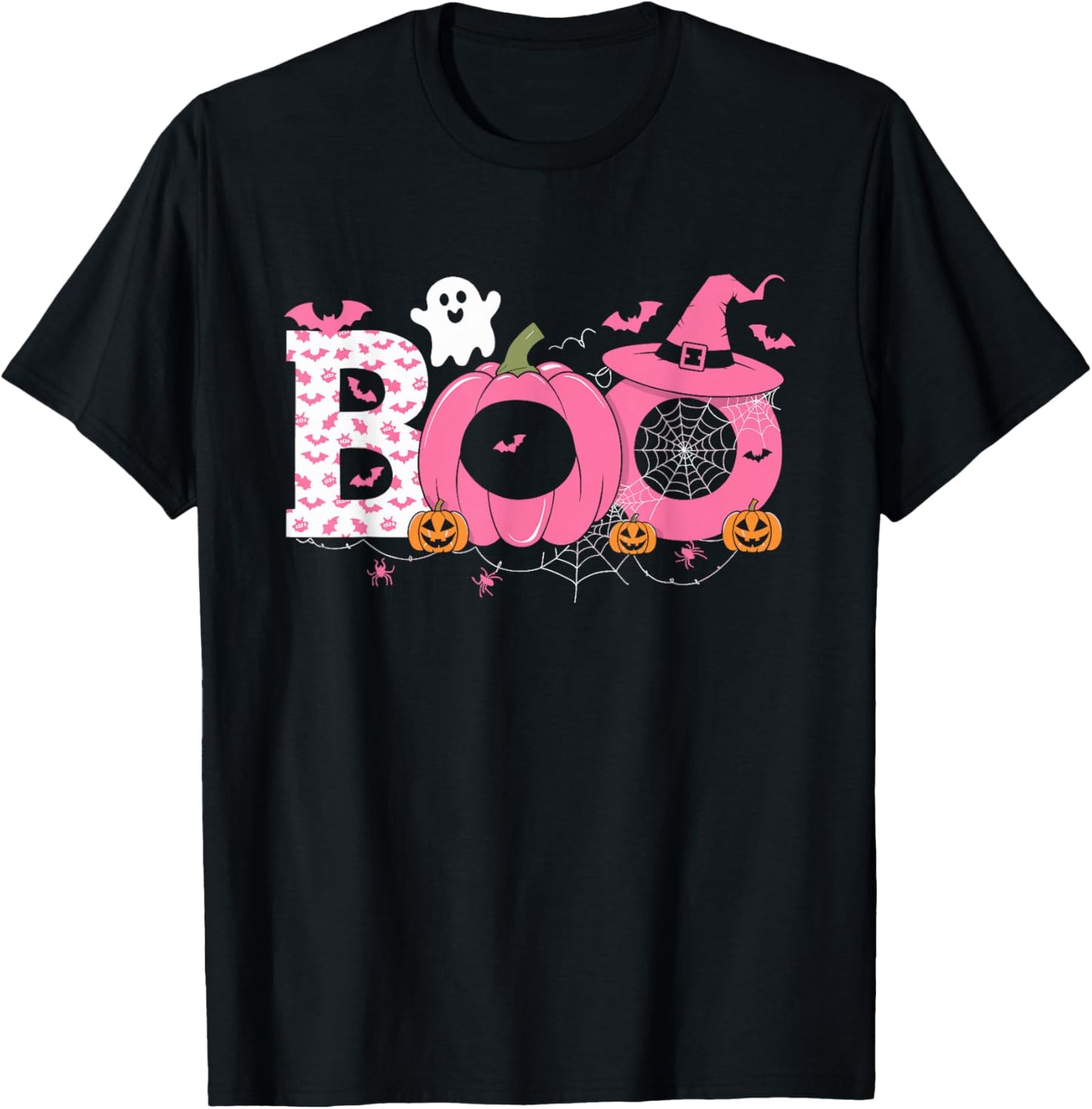 Boo Halloween Pumpkin Pink Ribbon Witch Breast Cancer T-Shirt - T-Shirt | Black
