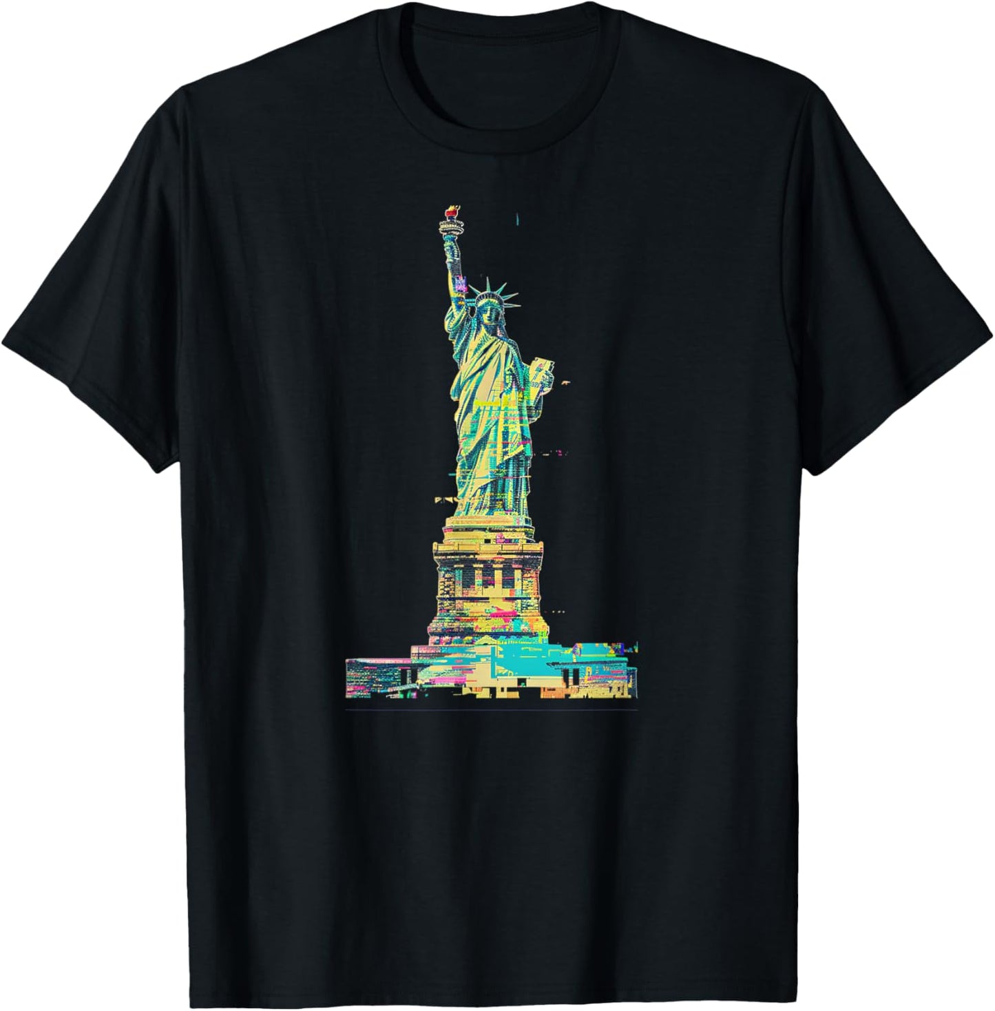 Glitch Art Statue of Liberty Cyan Magenta Yellow T-Shirt - T-Shirt | Black