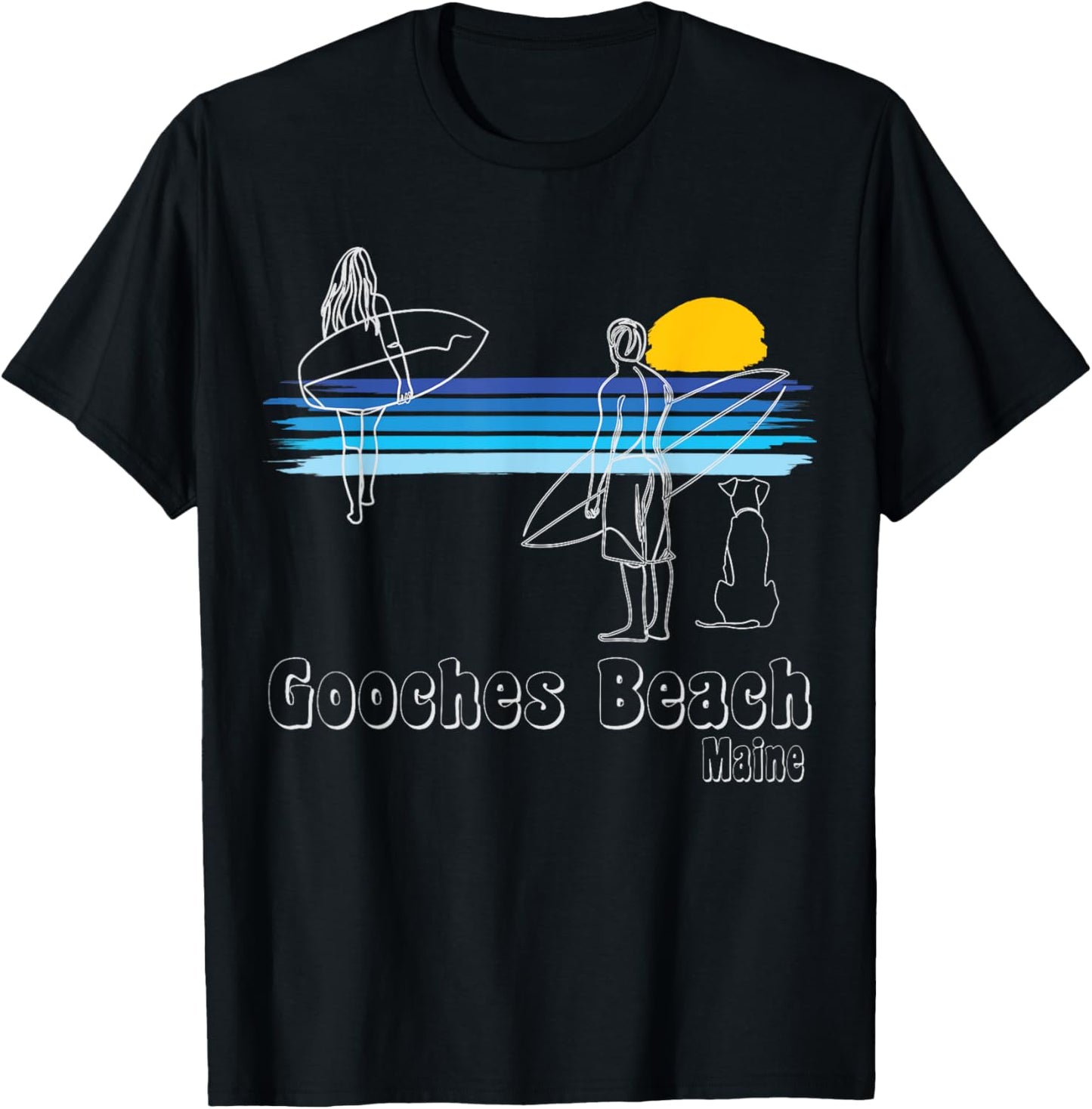 Gooches Beach Maine Surf Guy, Girl with dog Surfing T-Shirt - T-Shirt | Black
