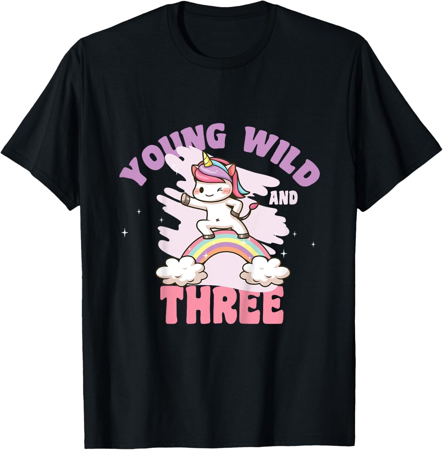 Young Wild & Three - Funny 3rd Birthday Kids Unicorn Girls T-Shirt - T-Shirt | Black