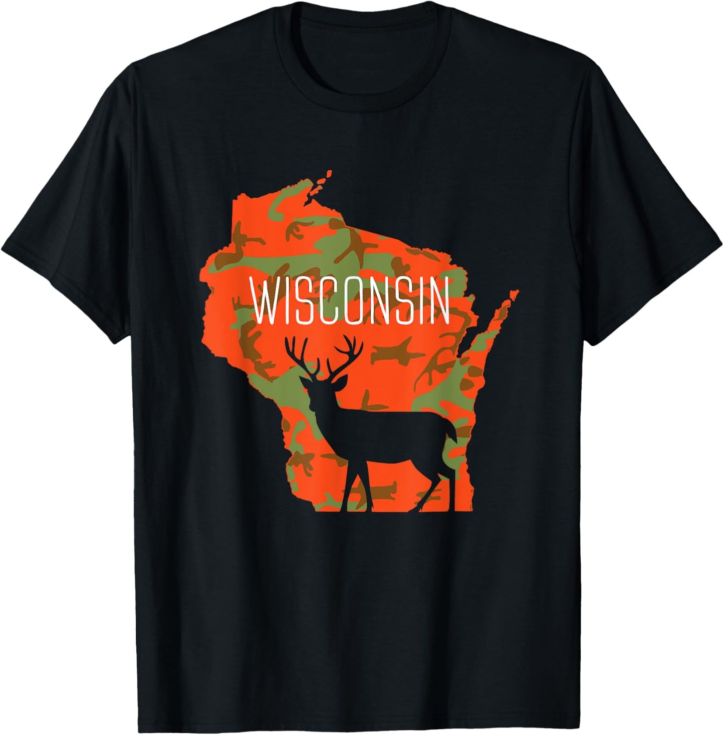 Wisconsin Blaze Orange Camouflage Deer Hunter Silhouette T-Shirt - T-Shirt | Black
