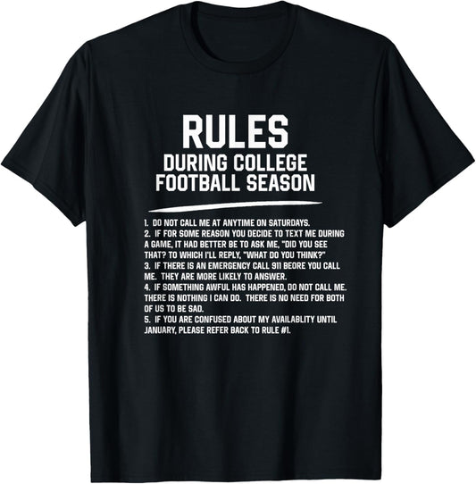 Funny Rules for College Football Season Sarcastic Sports Fan T-Shirt - T-Shirt | Black