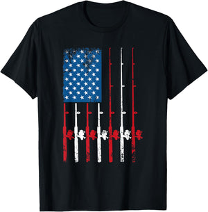 American Flag Fishing Rod Fishing Lover Vintage Fisherman T-Shirt - T-Shirt | Black