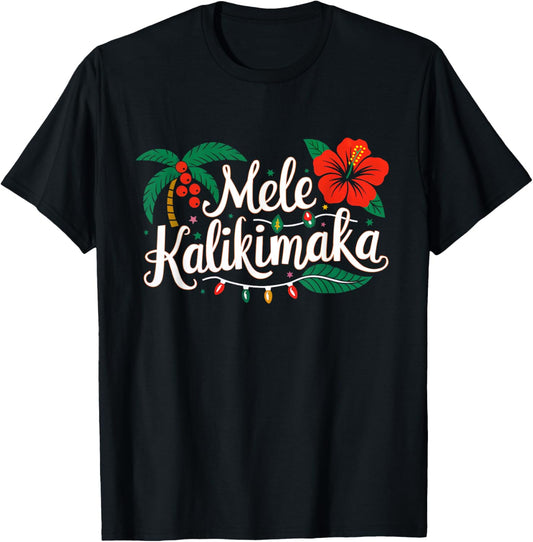 Mele Kalikimaka Hibiscus Palm Waikiki Big Island Christmas T-Shirt - T-Shirt | Black