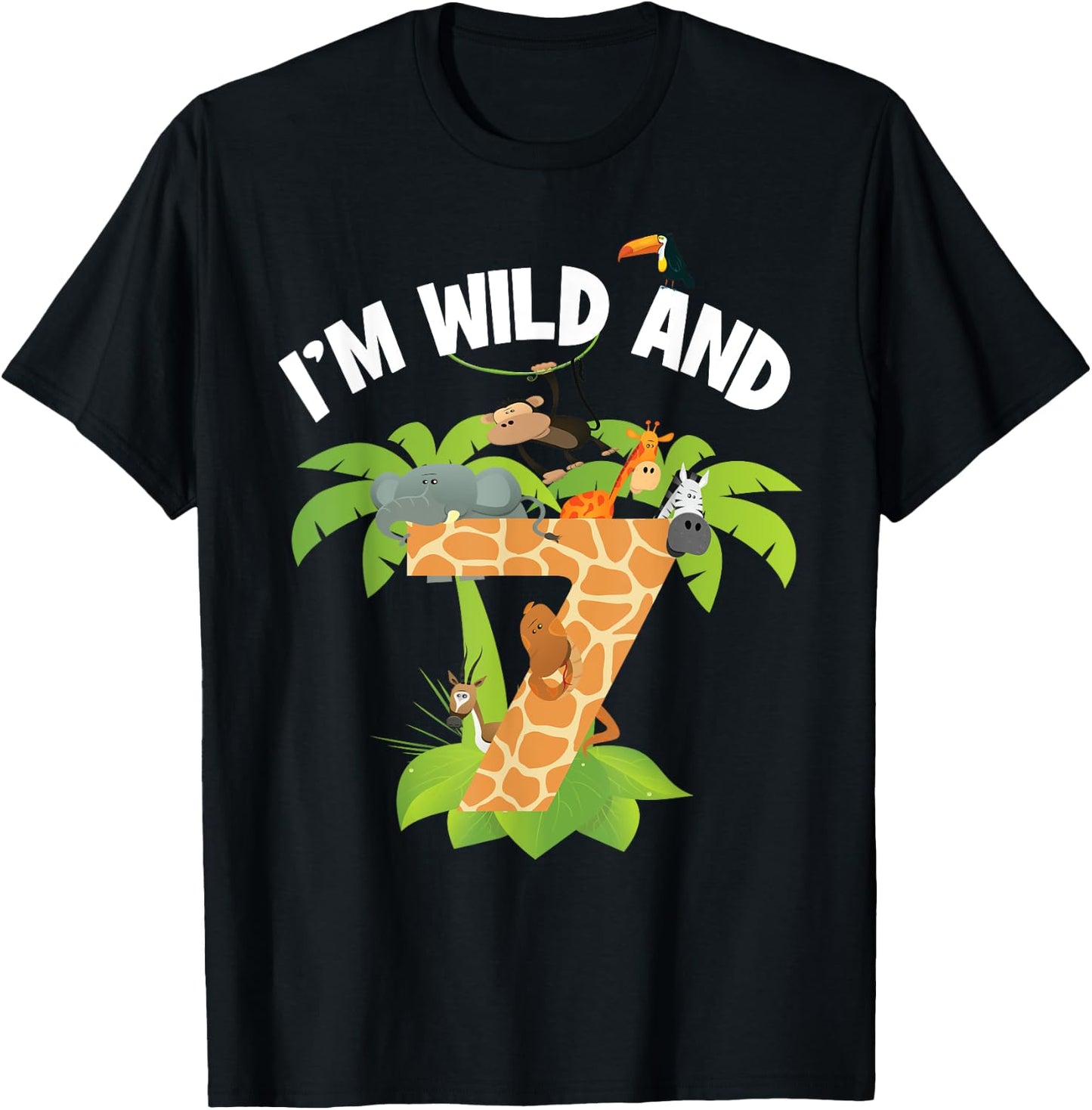 I'm Wild And 7 Years Old Zoo Theme 7th Birthday Animal Party T-Shirt - T-Shirt | Black