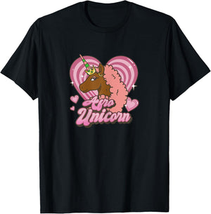 Afro Unicorn Unique Pink Mane Heart Shaped Portrait T-Shirt - T-Shirt | Black