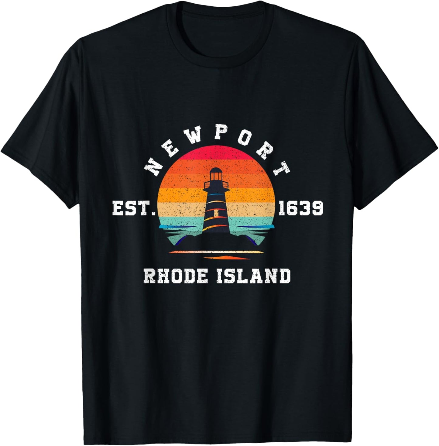 A Lighthouse in Vintage Retro Sunset Rhode Island Newport T-Shirt - T-Shirt | Black