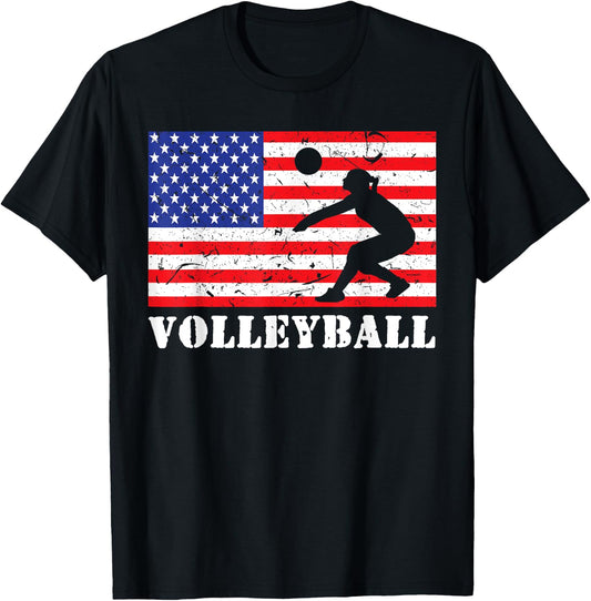 Distressed Volleyball USA American Flag Vintage Mine Player T-Shirt - T-Shirt | Black