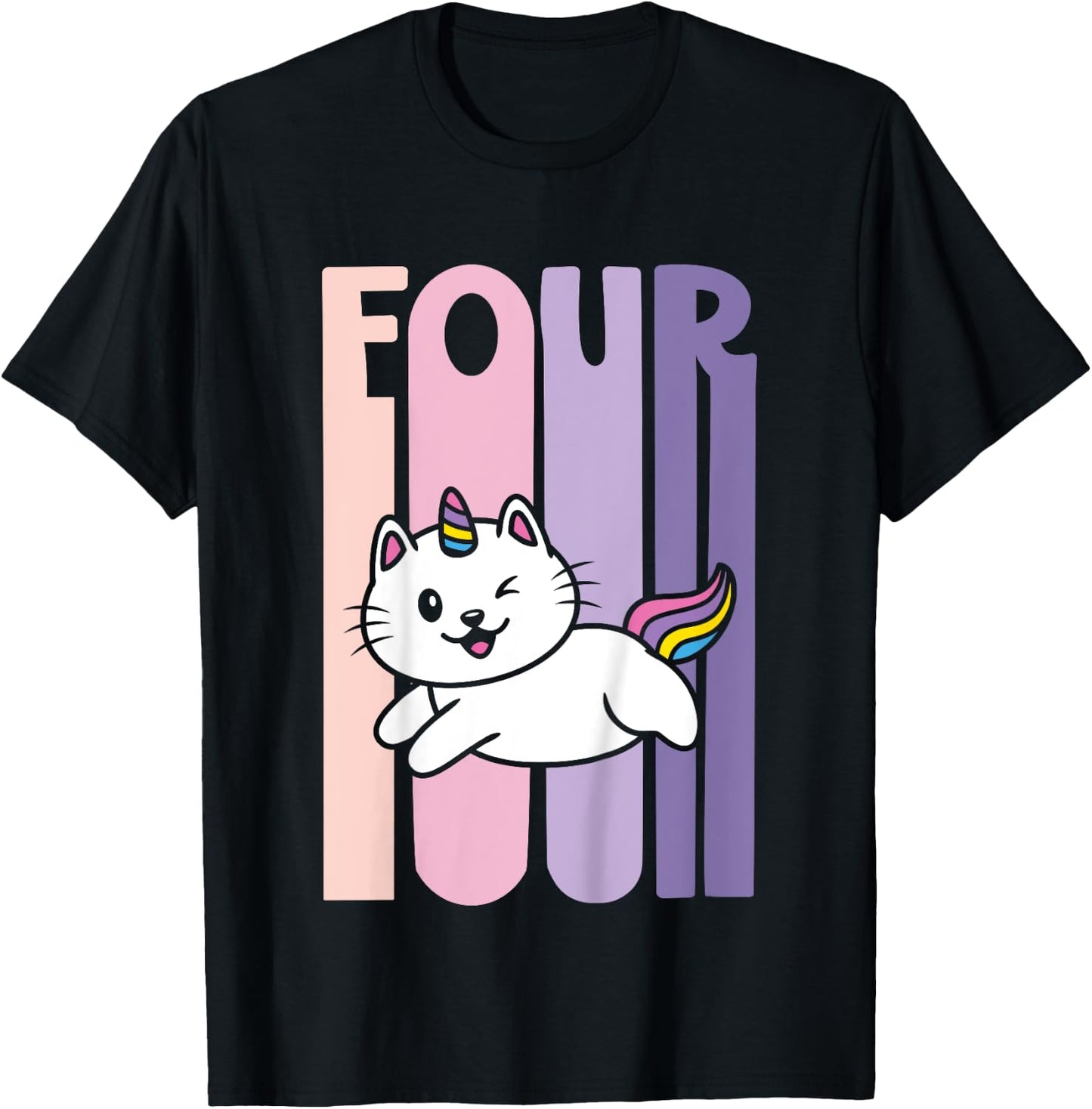 4 Year Old Cute Caticorn Cat Unicorn Birthday Girl B-day T-Shirt - T-Shirt | Black