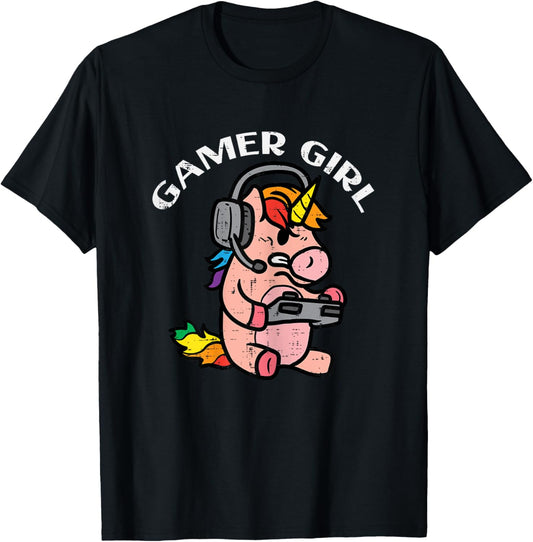 Gamer Girl Unicorn Gaming Cute Women Girls Kids Teen Youth T-Shirt - T-Shirt | Black