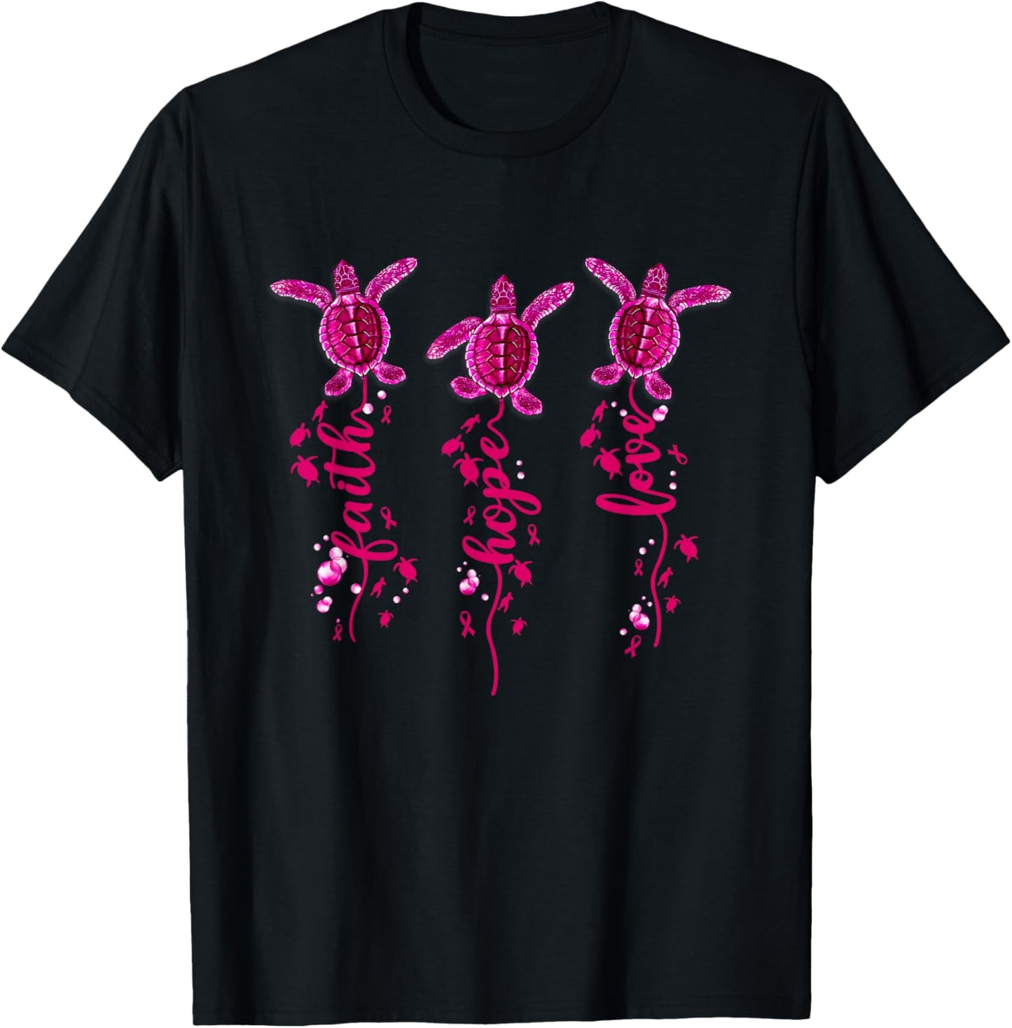 Turtle Faith Hope Love Pink Ribbon Breast Cancer Awareness T-Shirt - T-Shirt | Black