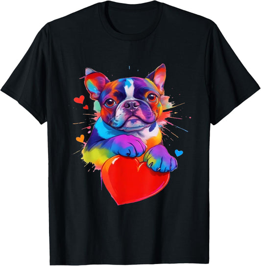 Boston Terrier Shirt - Colorful Boston Terrier Heart Graphic T-Shirt - T-Shirt | Black