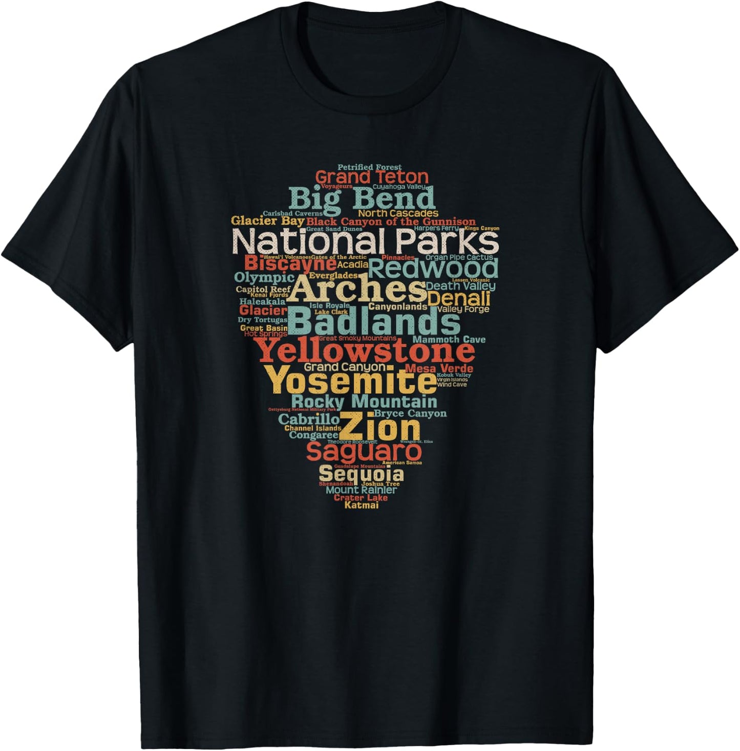 National Parks List US Word Cloud Art Camping Hiking T-Shirt - T-Shirt | Black