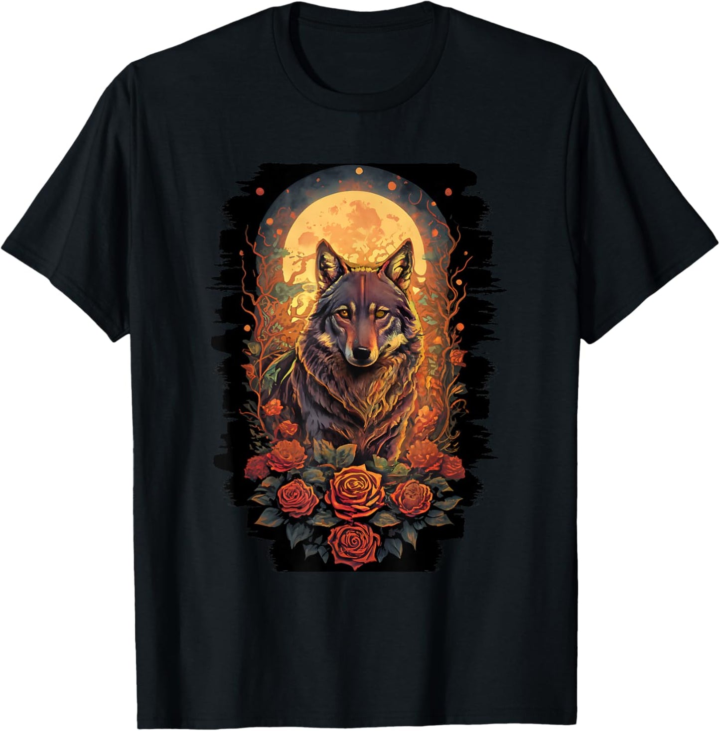 Botanical Wolf Women Roses Full Moon Kids Floral Wolf T-Shirt - T-Shirt | Black