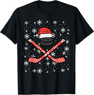 Christmas Ice Hockey Sticks Puck Xmas Sports Men Boys Kids T-Shirt - T-Shirt | Black