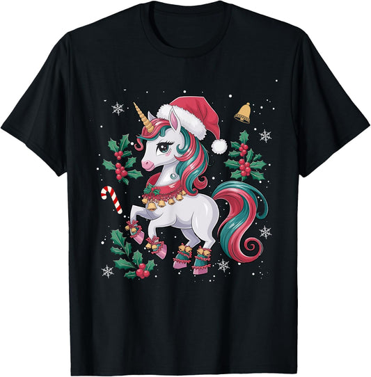 Cute Unicorn Christmas Girls Kids Toddler Xmas Santa Unicorn T-Shirt - T-Shirt | Black