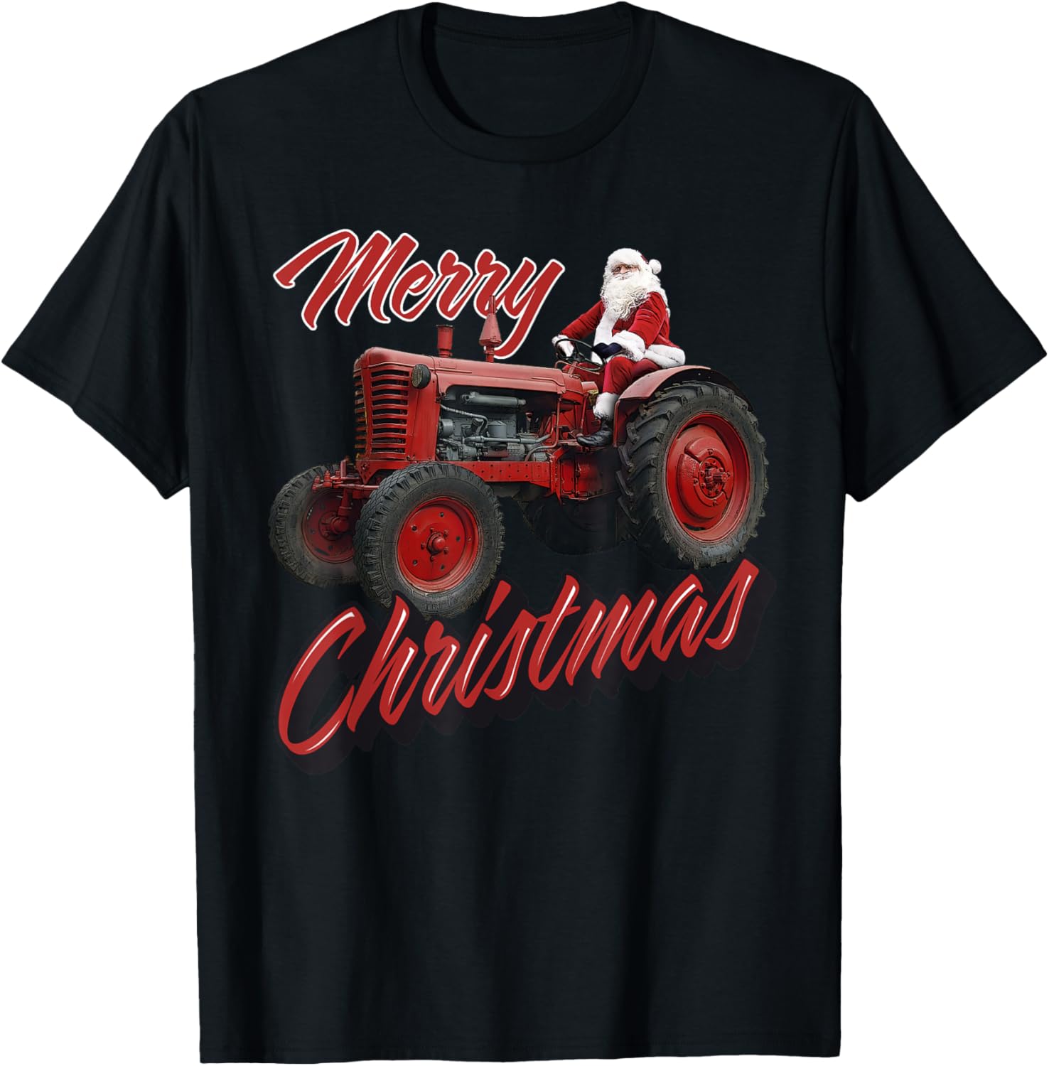 Merry Christmas Farm Tractor Santa Tractor Farmer Christmas T-Shirt - T-Shirt | Black