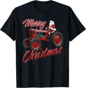 Merry Christmas Farm Tractor Santa Tractor Farmer Christmas T-Shirt - T-Shirt | Black