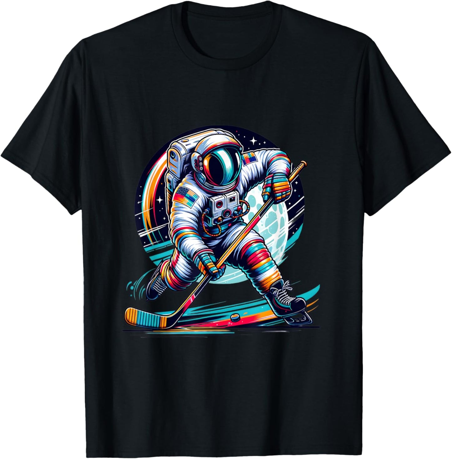 Ice Hockey Player Graphic Funny Astronaut Playing Ice Hockey T-Shirt - T-Shirt | Black