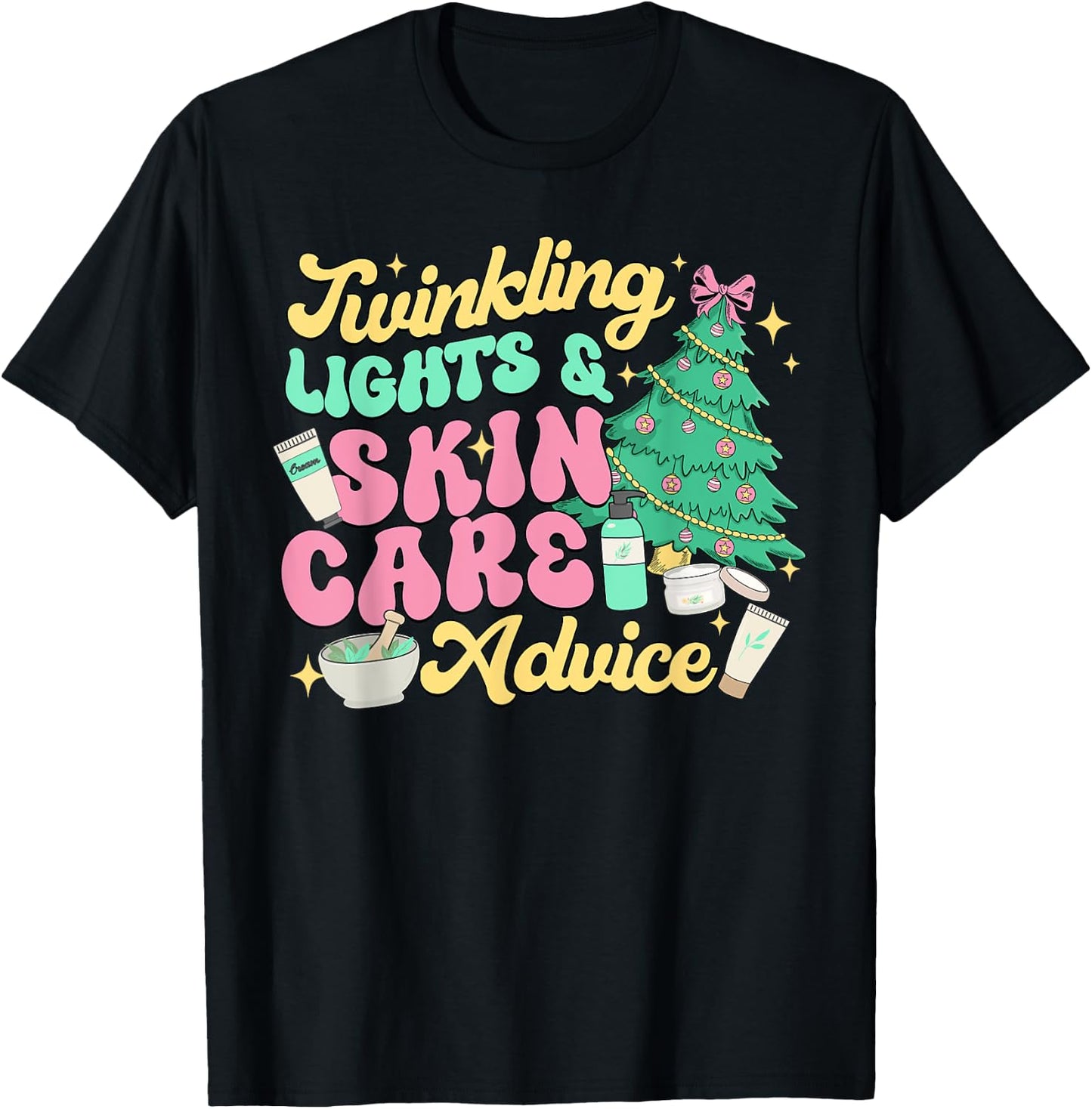 Twinkling Lights & Skin Care Advice, Dermatology Nurse Xmas T-Shirt - T-Shirt | Black