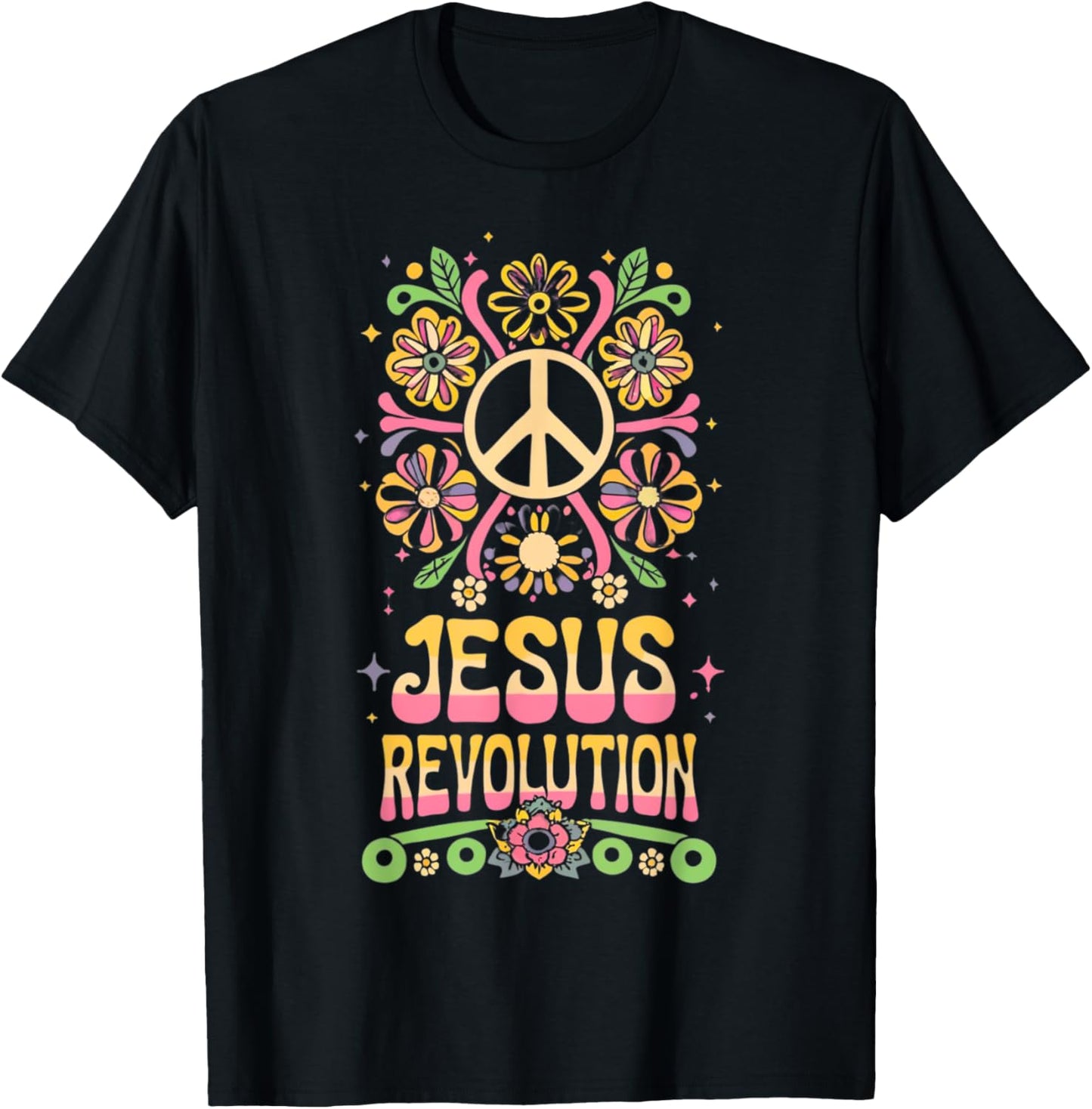 Jesus Revolution Christian Faith Retro Groovy Hippie Flower T-Shirt - T-Shirt | Black