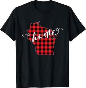 Wisconsin WI State Outline Home Winter Red Buffalo Plaid T-Shirt - T-Shirt | Black