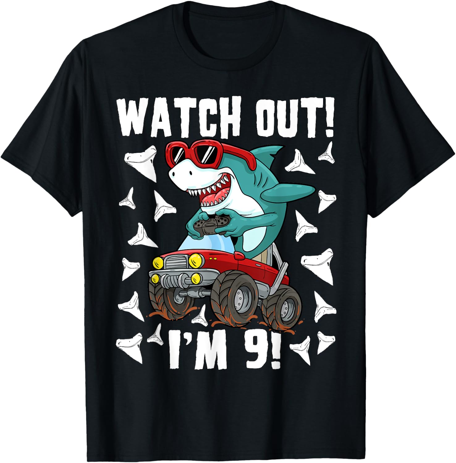 9 Years Old 9th Birthday Shark Boy Girl Monster Truck Gamer T-Shirt - T-Shirt | Black
