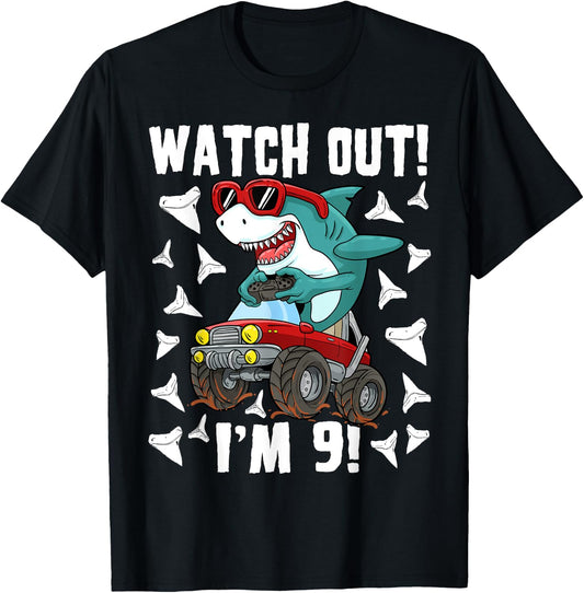 9 Years Old 9th Birthday Shark Boy Girl Monster Truck Gamer T-Shirt - T-Shirt | Black
