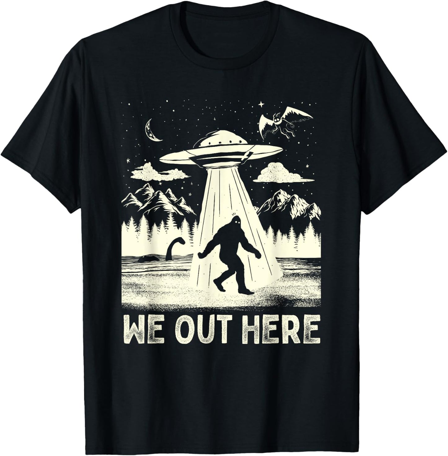 We Out Here Funny Bigfoot Mothman Cryptid UFO Abduction T-Shirt - T-Shirt | Black
