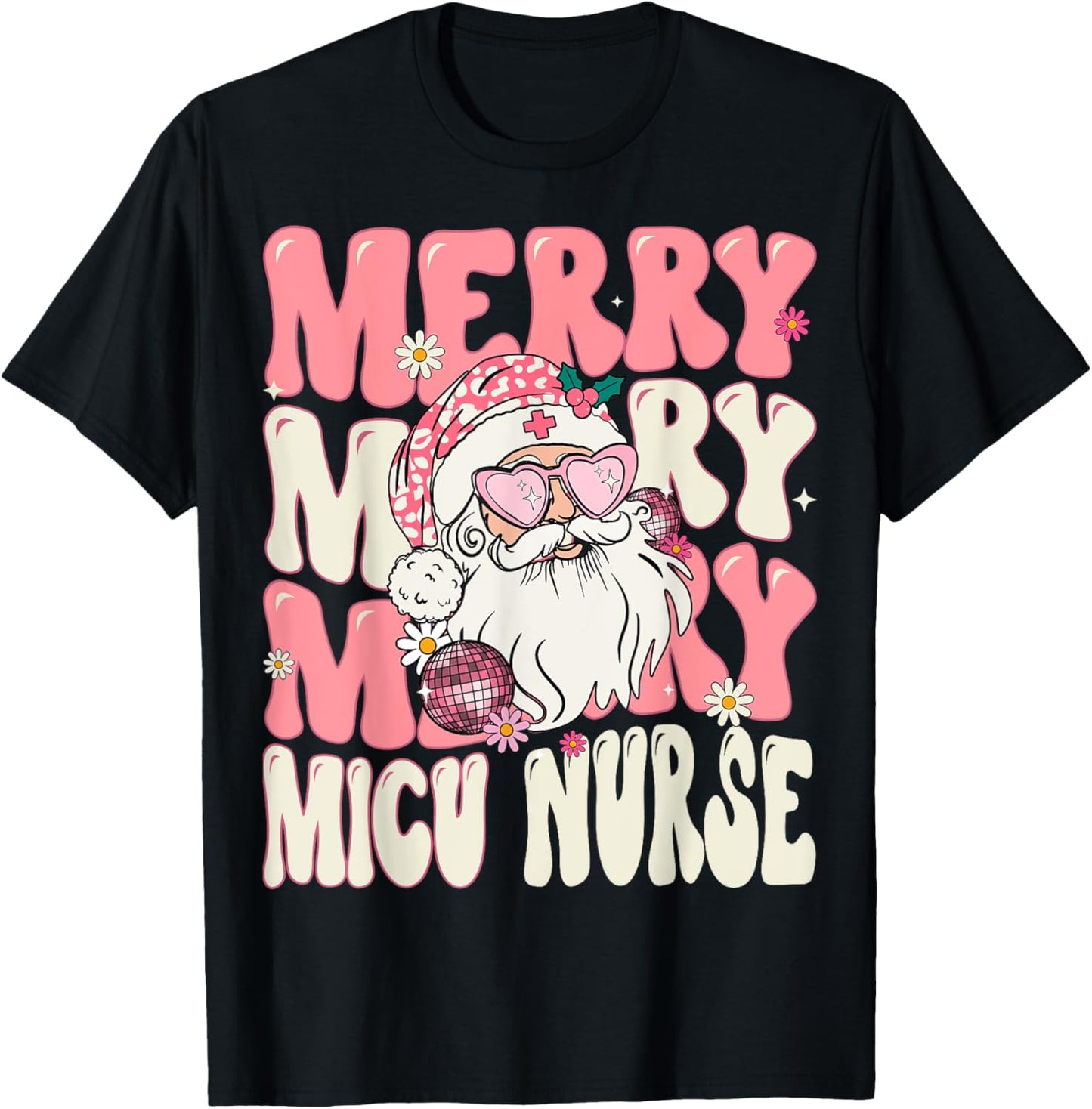 Merry MICU Nurse Christmas Retro Groovy Pink MICU Nurse T-Shirt - T-Shirt | Black