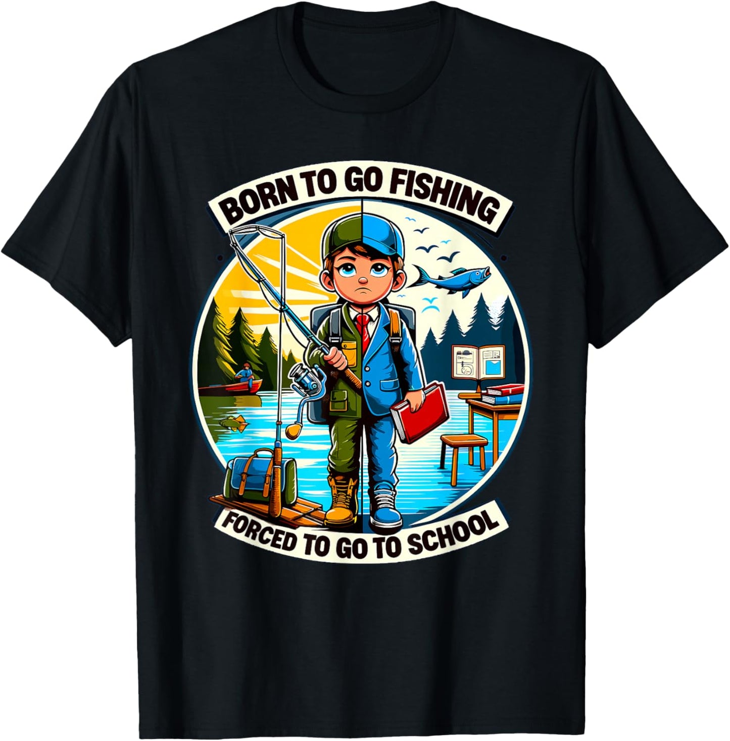 Funny Born To Go Fishing Forced To Go To School T-Shirt - T-Shirt | Black
