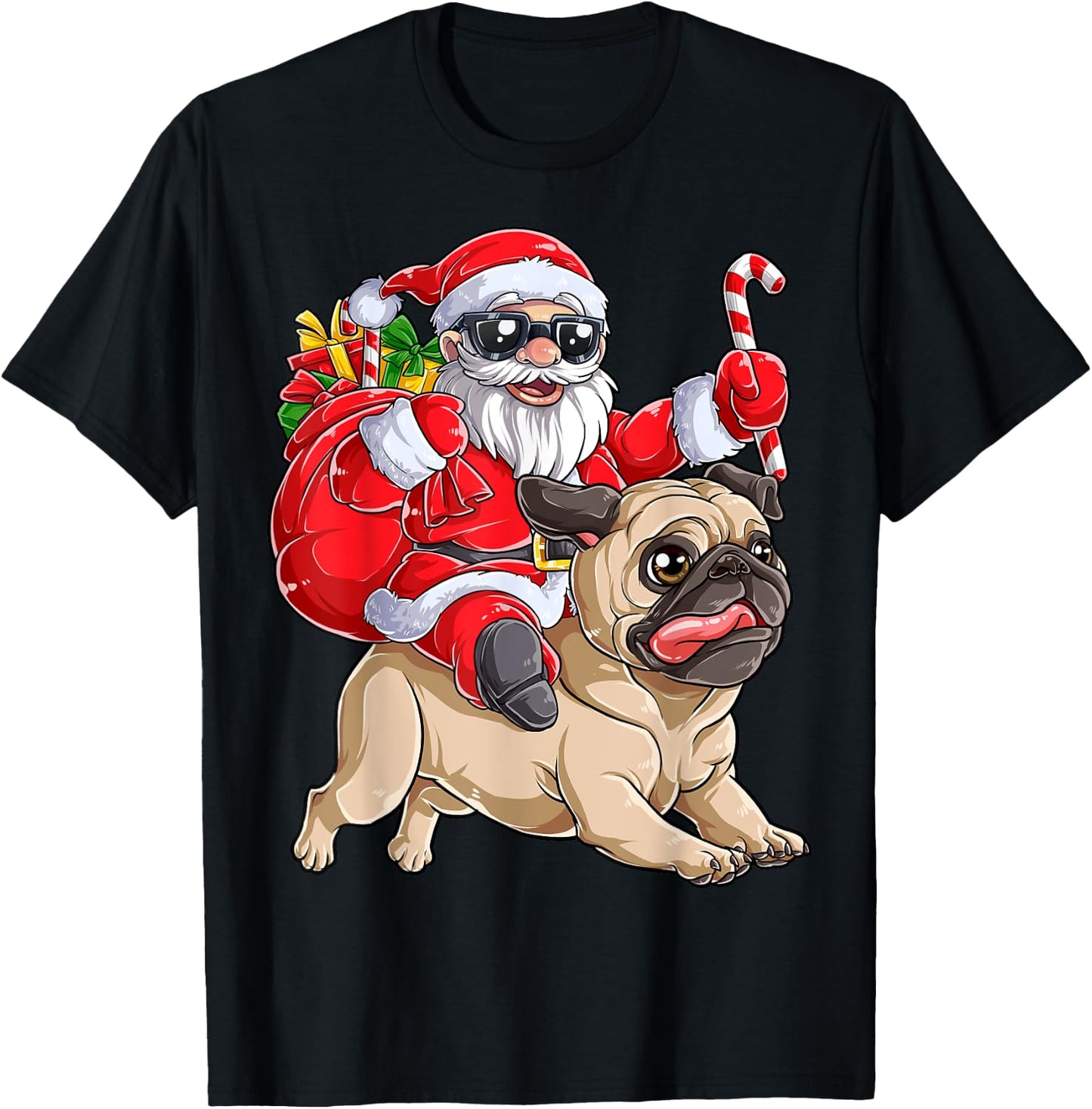 Christmas Santa Claus Riding Pug Xmas Boys Men Pugmas Dog T-Shirt - T-Shirt | Black