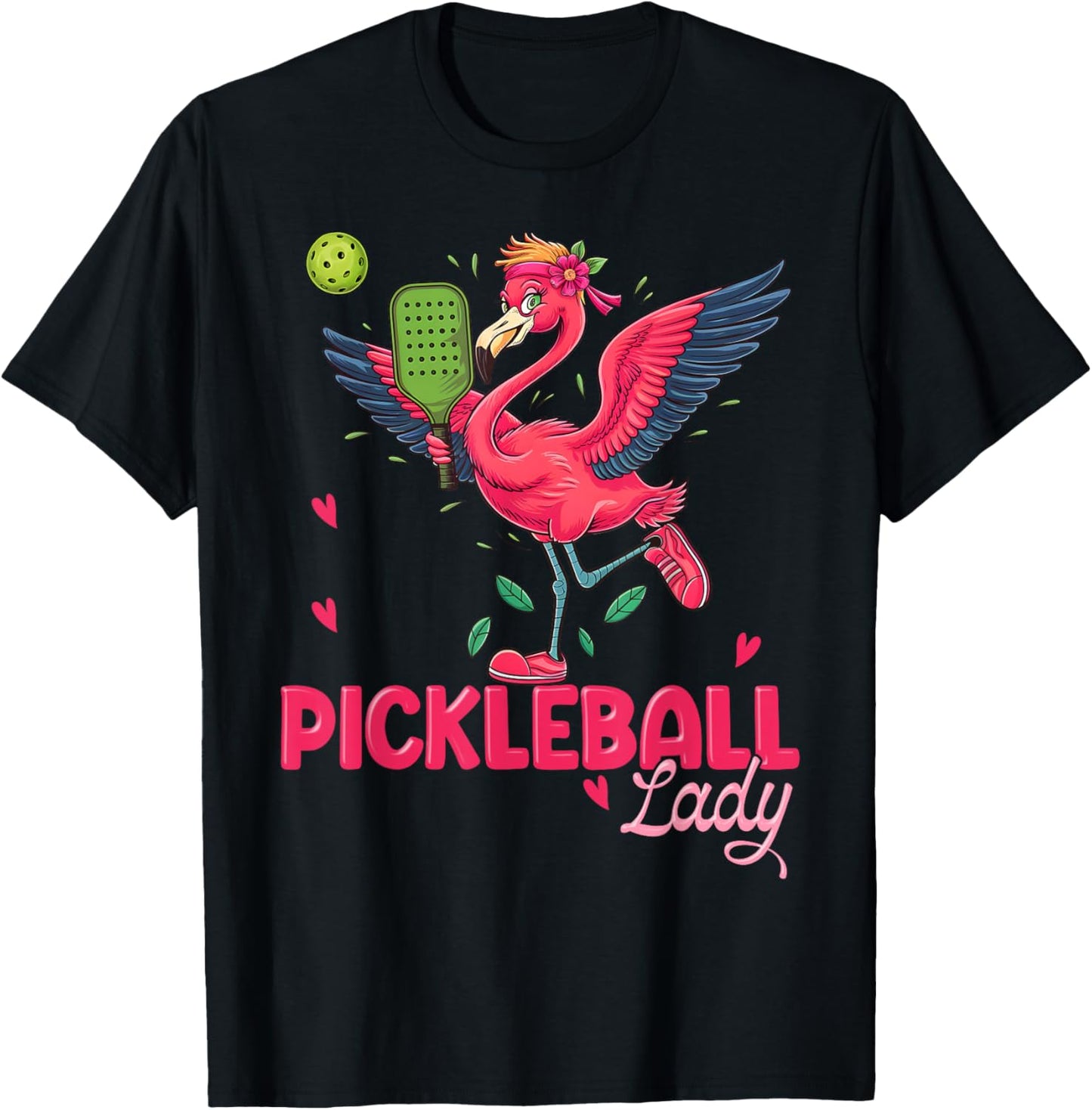 Pickleball Lady Flamingo Holding a Pickleball Paddle Funny T-Shirt - T-Shirt | Black