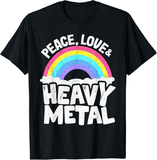 Punk Kids Band Metal Rainbow Retro Peace Love & Heavy Metal T-Shirt - T-Shirt | Black