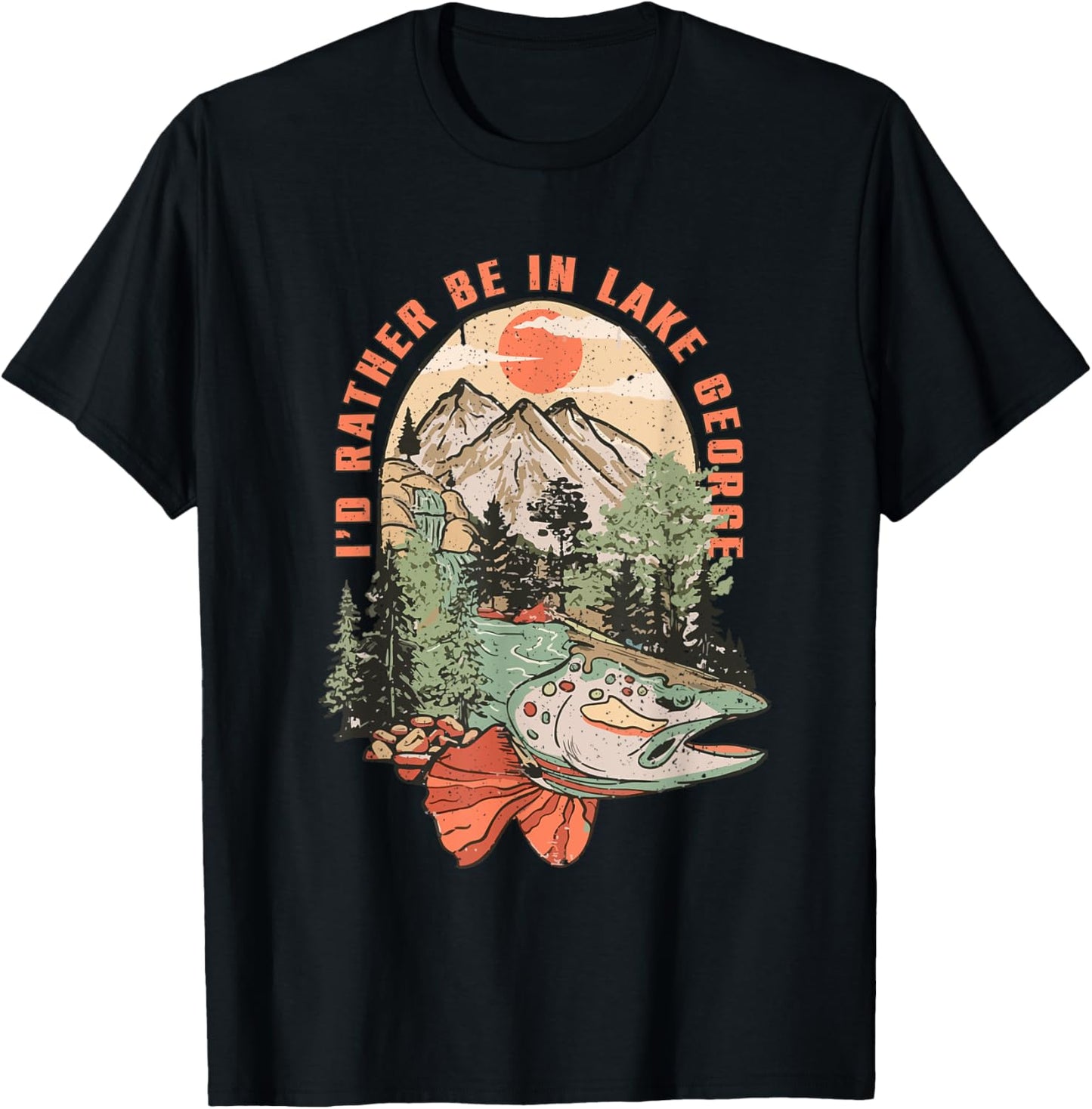 Vintage Lake Trout Fishing Lake George New York Camping T-Shirt - T-Shirt | Black