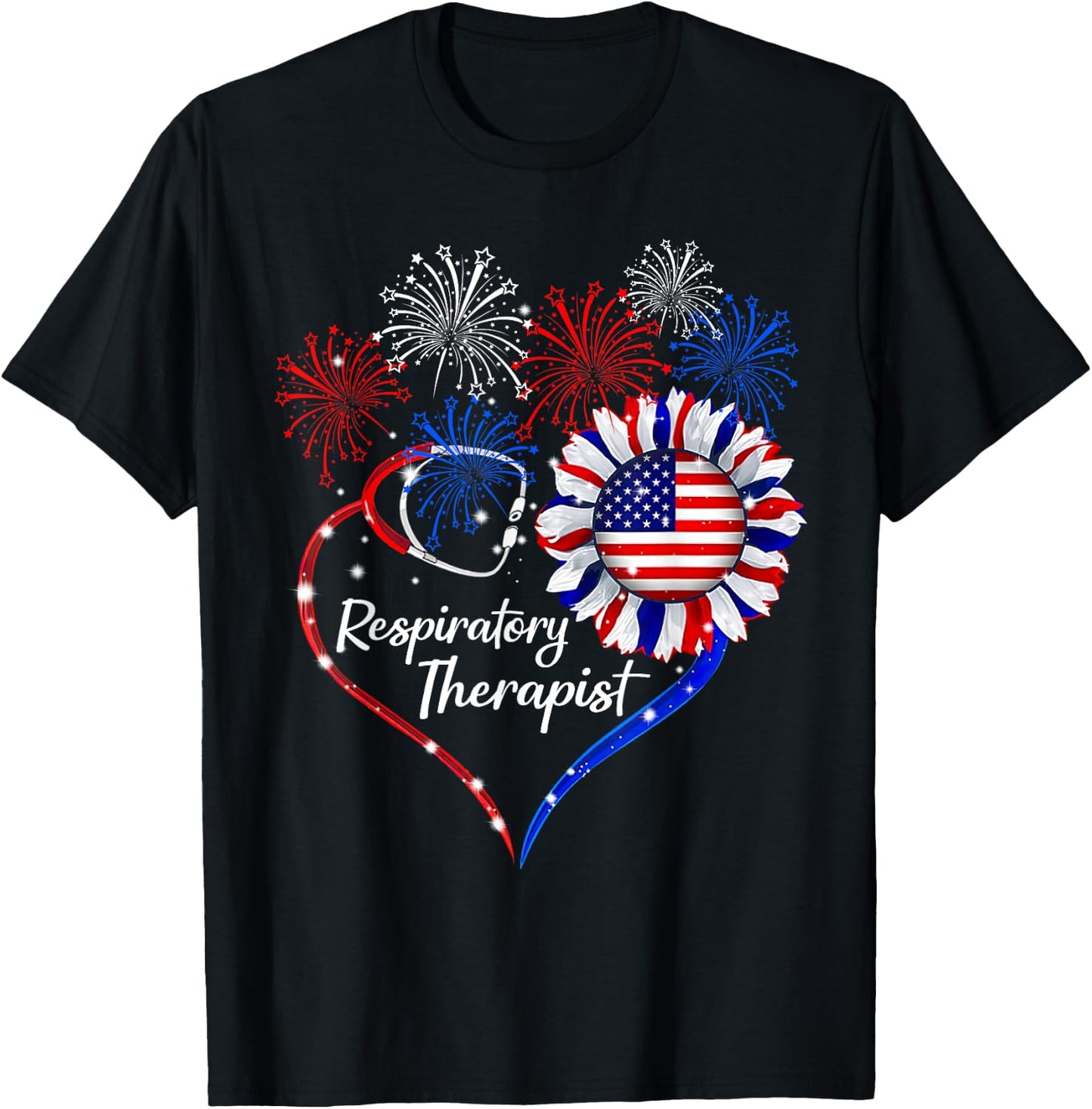 Patriotic Respiratory Therapist Sunflower 4th Of July Flag T-Shirt - T-Shirt | Black