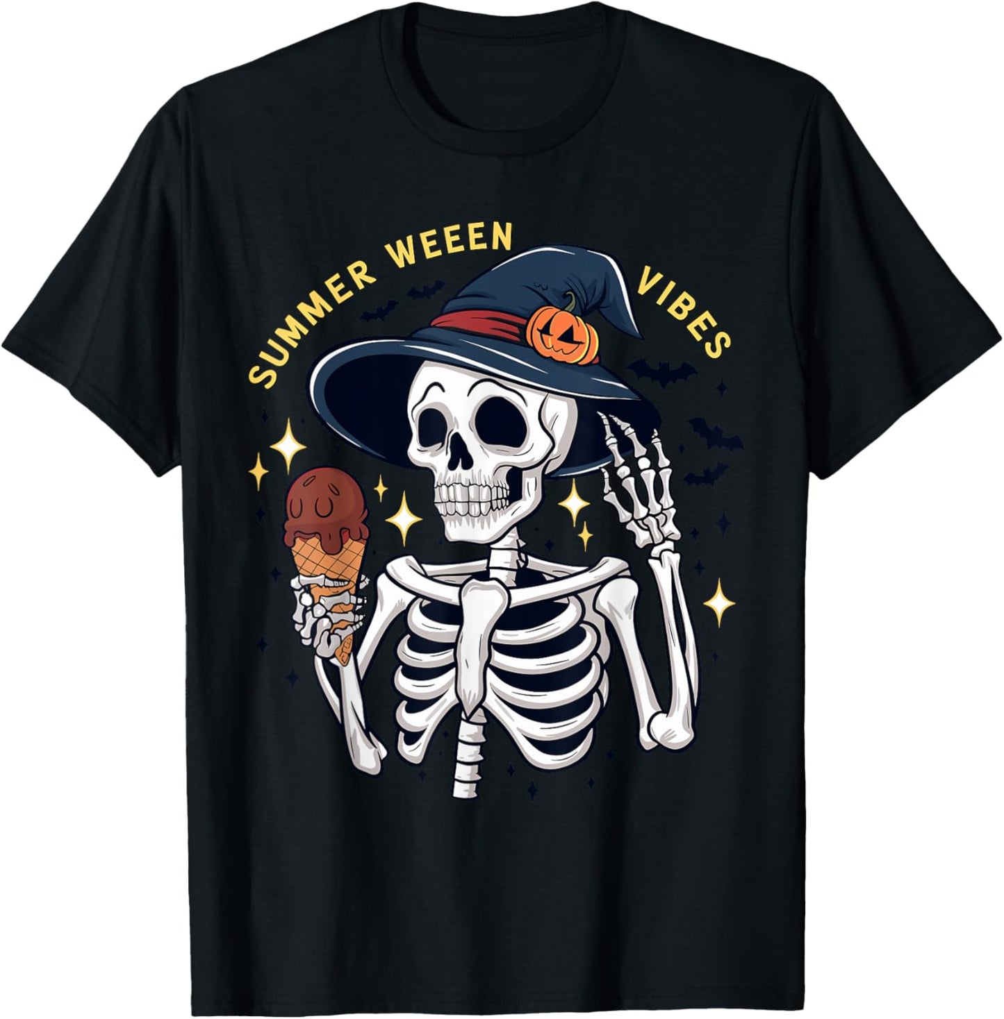 Summerween Vibes Funny Skeleton Ice Cream Summer Vacation Men Women Kids T-Shirt - T-Shirt | Black