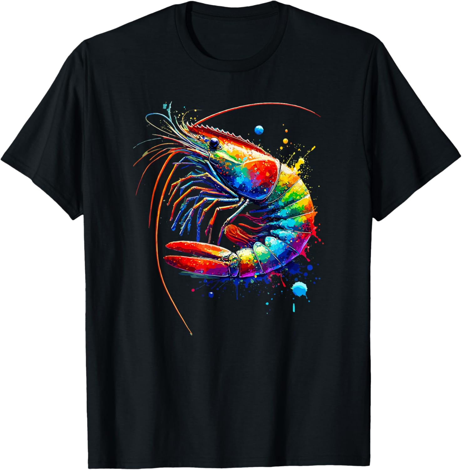 Colorful Splash Art Shrimp Shrimp , Black, S T-Shirt - T-Shirt | Black