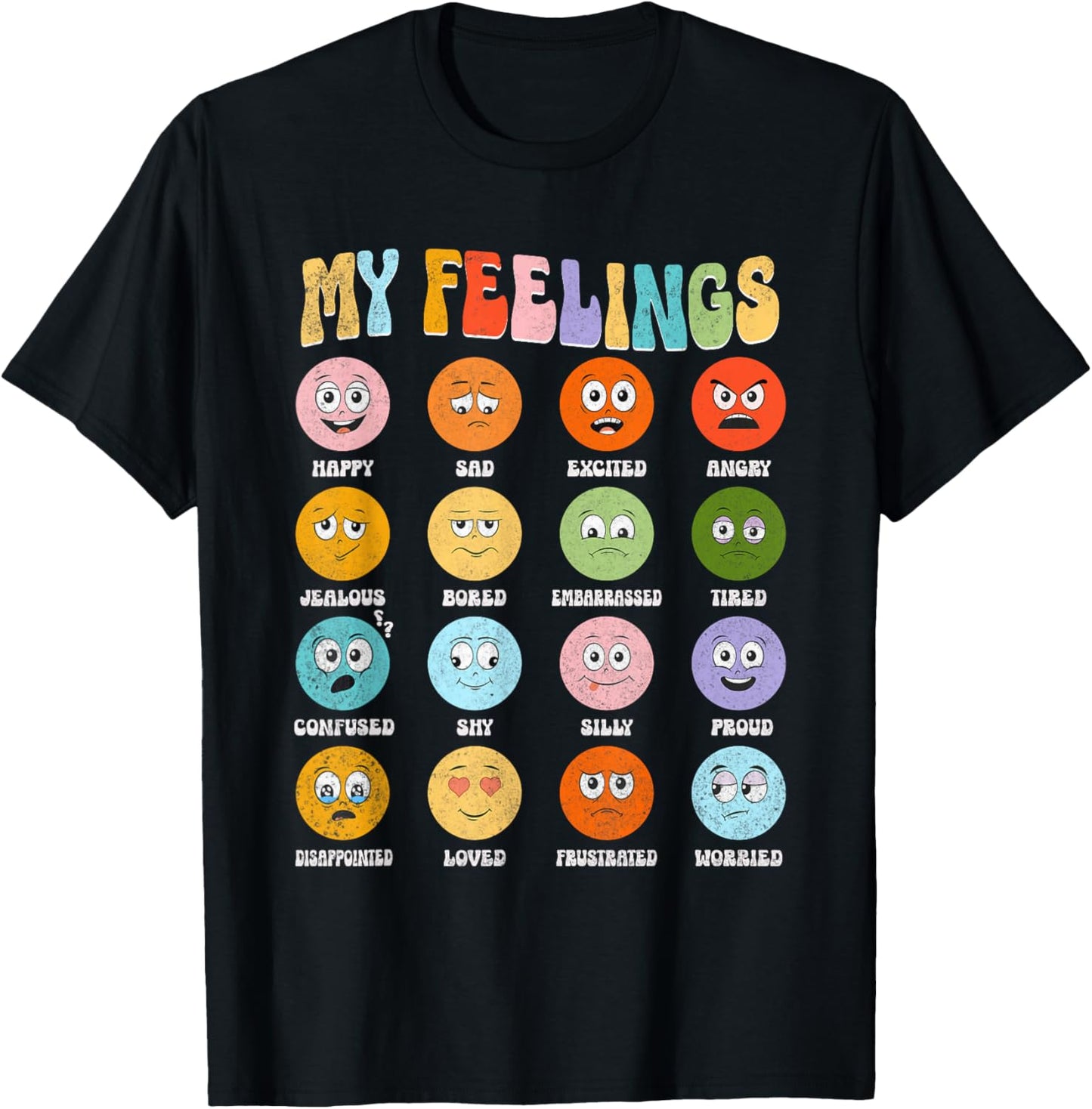 Groovy Retro My Feelings Chart Funny Hippie Face Emotions , Small T-Shirt - T-Shirt | Black