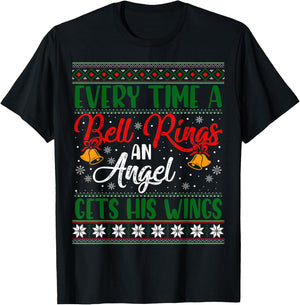 Every Time Bell Rings Angel Gets His Wings Christmas Ugly T-Shirt - T-Shirt | Black