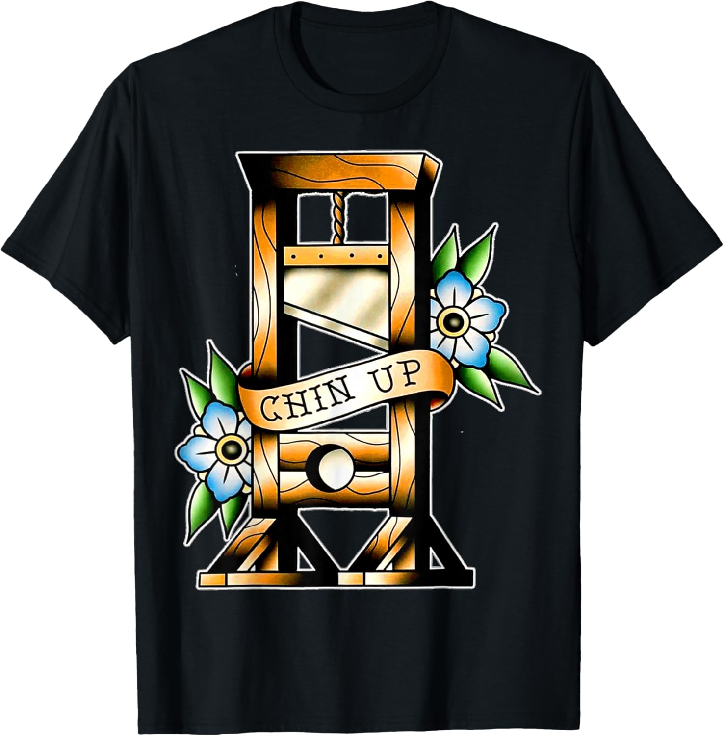 Guillotine Traditional Tattoo Black Funny Chin Up Sarcastic Humor Adult T-Shirt - T-Shirt | Black