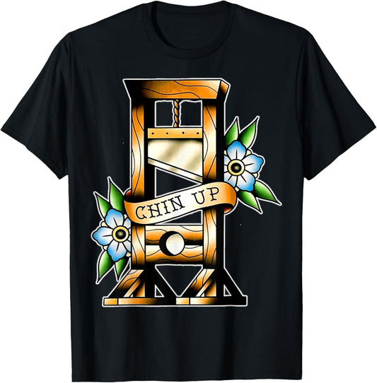Guillotine Traditional Tattoo Black Funny Chin Up Sarcastic Humor Adult T-Shirt - T-Shirt | Black