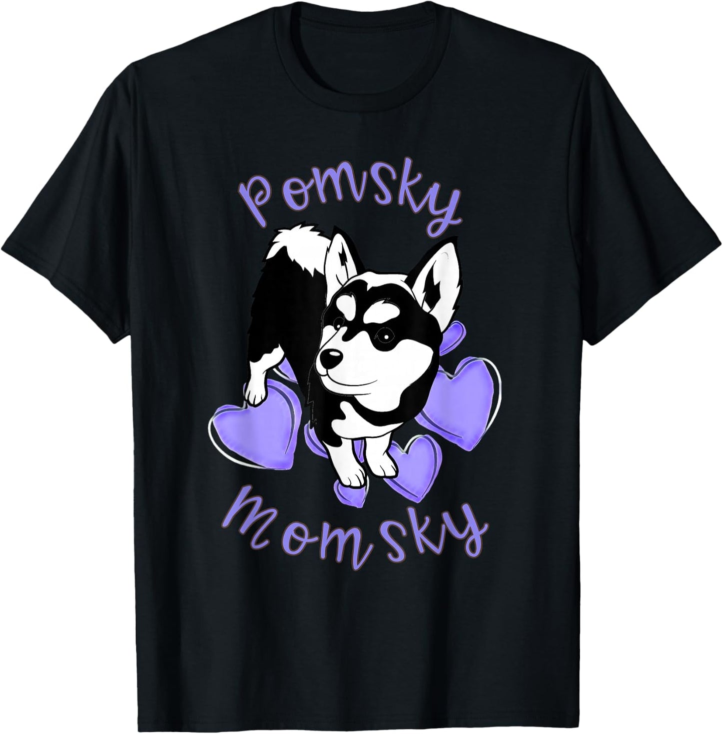 Cute Pomsky Momsky Black and White Pomsky Mom Purple Hearts T-Shirt - T-Shirt | Black