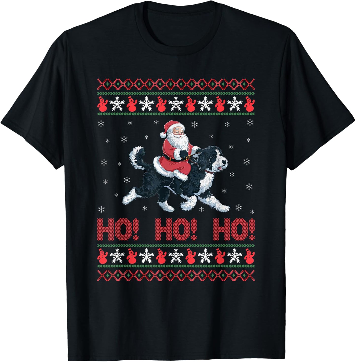 Ho Ho Ho Santa Riding Bernedoodle Dog Ugly Christmas Sweater T-Shirt - T-Shirt | Black