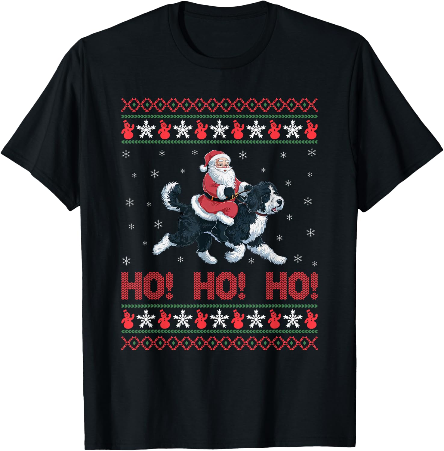 Ho Ho Ho Santa Riding Bernedoodle Dog Ugly Christmas Sweater T-Shirt - T-Shirt | Black
